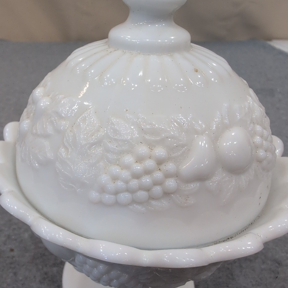 Vintage White Milk Glass Harvest Fruit Embossed Pedestal Candy Dish with Lid - Picture 2 of 8